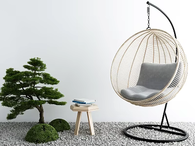 Round Rattan Hanging Chair With Gray Cushion Near Small Wooden Stool Books And Pine Tree 3d model