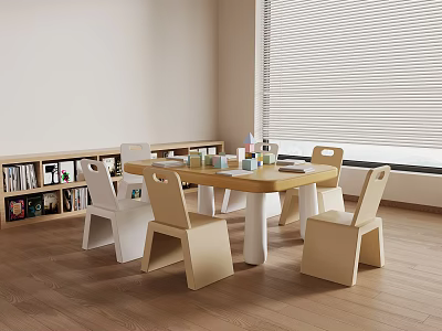 Kids Table With Chairs And Bookshelf In Indoor Playroom Learning Space 3d model