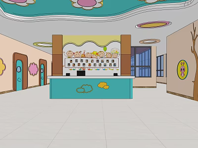 Kindergarten Interior With Blue Reception Desk Cloud Sun Decorations Cartoon Characters And Arched Doors 3d model