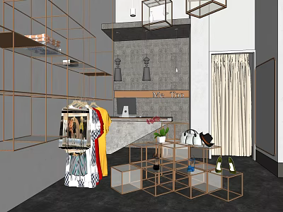 Modern Clothing Store Interior With Metal Display Racks And Hanging Lamps 3d model