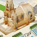 Ancient Church Architecture With Golden Spire Mountain Backdrop And Green Lawn