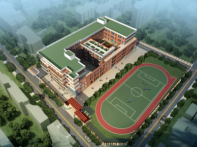 Modern School Building With Courtyard Design Roof Activity Area And Sports Field 3d model