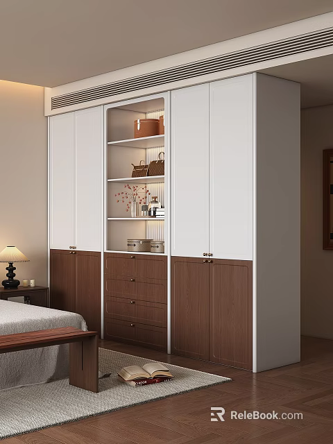 Modern Bedroom Wardrobe With White And Brown Doors Open Shelves Storage Baskets And Decorative Items 3d model 