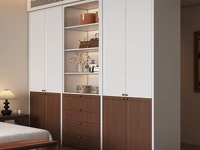 Modern Bedroom Wardrobe With White And Brown Doors Open Shelves Storage Baskets And Decorative Items 3d model