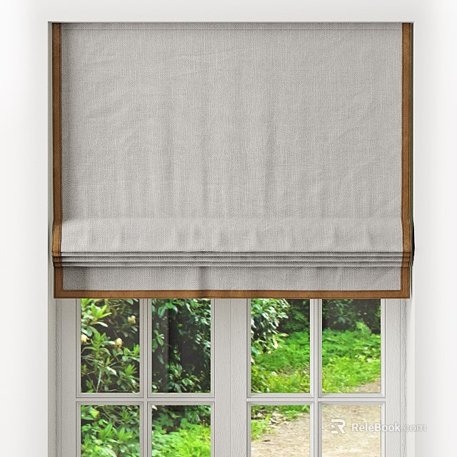 Light Gray Linen Textured Roman Blinds For Window With Wooden Frame And Green Plants View 3d model 