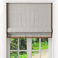 Light Gray Linen Textured Roman Blinds For Window With Wooden Frame And Green Plants View