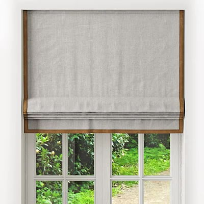 Light Gray Linen Textured Roman Blinds For Window With Wooden Frame And Green Plants View 3d model