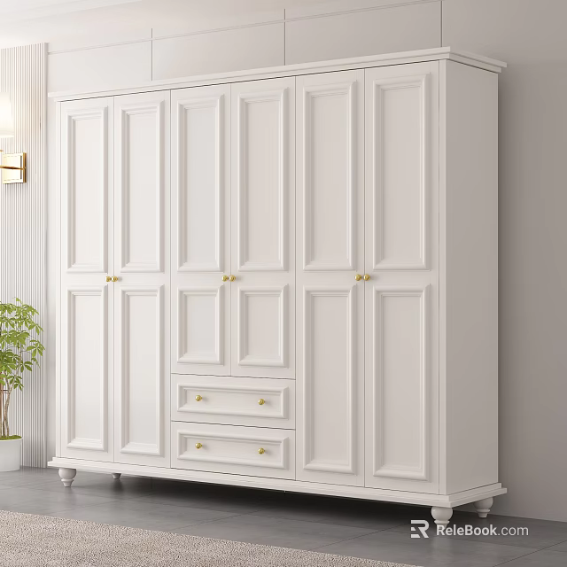 Modern White Wardrobe Interior With Multiple Cabinet Doors And Golden Handles 3d model 