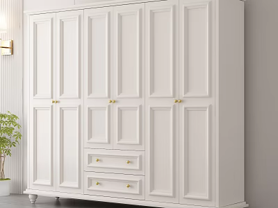Modern White Wardrobe Interior With Multiple Cabinet Doors And Golden Handles 3d model