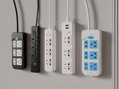 Various Power Strips With Multiple Outlets And USB Ports In Different Colors 3d model