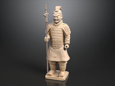 Terracotta Warrior Sculpture Carving With Armored Body Spear And Helmet 3d model