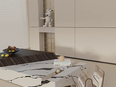Sofa and Coffee Table Set with White Cabinets Window Blinds Stuffed Toy Fruit Bowl on Shelf 3d model