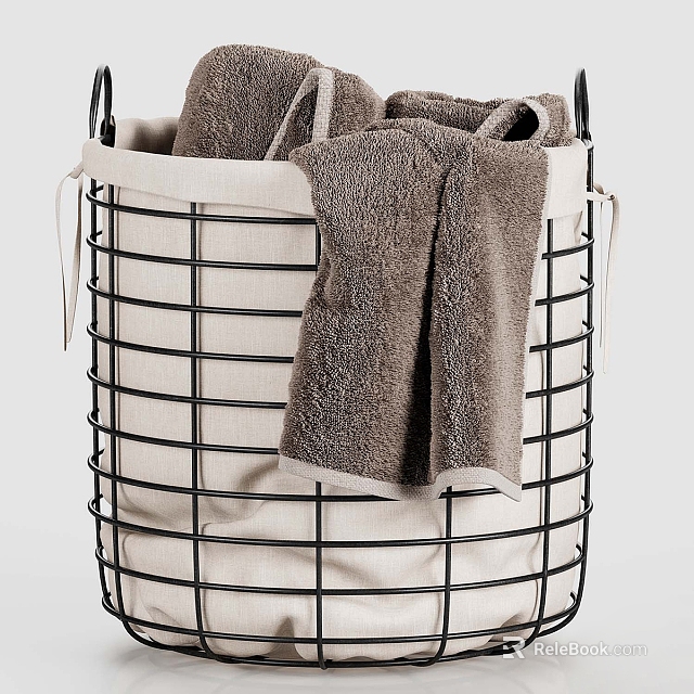 Black Metal Frame Basket With Brown Towels And Beige Liner For Bathroom Storage 3d model 
