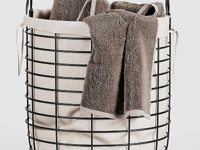 Black Metal Frame Basket With Brown Towels And Beige Liner For Bathroom Storage 3d model