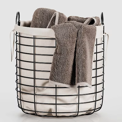 Black Metal Frame Basket With Brown Towels And Beige Liner For Bathroom Storage 3d model
