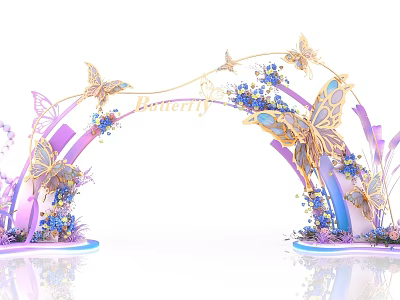 Elegant Decorative Butterfly Arch With Golden Butterflies Purple Blue Flowers And Intricate Floral Details 3d model