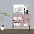 Red Sideboard With Geometric Design And Sculpture Artwork Near Green Plant