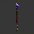 Enchanted Brown Staff With Purple Gem On Top Wooden Texture And Decorative Carvings