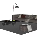 Leather Sofa Coffee Table Set With Pillows Throw Blanket Ottoman Wavy Pattern Rug Floor Lamp