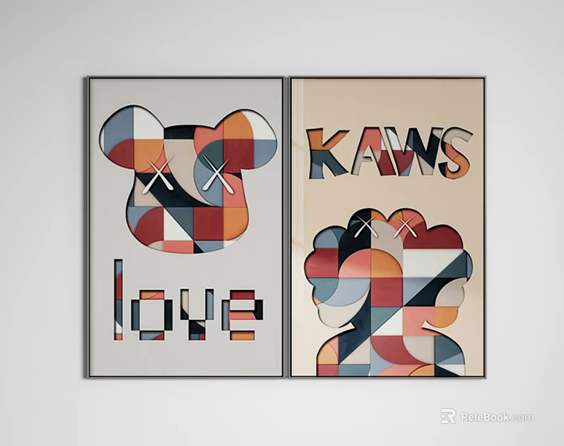 Colorful Geometric Wall Art With Bear Head KAWS Text And X Eyes Design 3d model 
