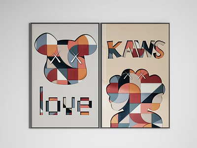 Colorful Geometric Wall Art With Bear Head KAWS Text And X Eyes Design 3d model