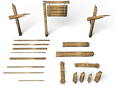 Rustic Wooden Scene Components With Signposts Sticks Planks And Bundled Wood 3d model