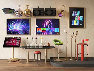 Commercial Entertainment Equipment With Sound Systems Displays Microphones And Bar Stools 3d model