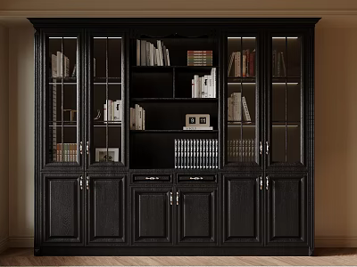 Black Wooden Bookcase With Glass Doors And Shelves Filled With Books And Frames 3d model