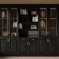 Black Wooden Bookcase With Glass Doors And Shelves Filled With Books And Frames