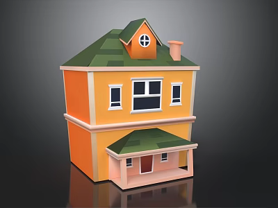 Cartoon Two Story House With Orange Exterior Green Roof Windows Chimney And Porch 3d model