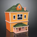 Cartoon Two Story House With Orange Exterior Green Roof Windows Chimney And Porch