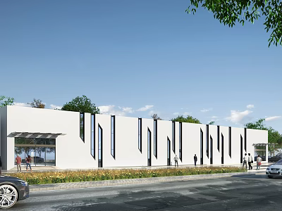 Modern Building Exterior With White Facade Black Vertical Strips Green Trees People Walking Street View 3d model