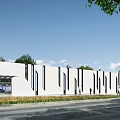 Modern Building Exterior With White Facade Black Vertical Strips Green Trees People Walking Street View