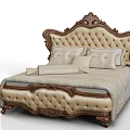 Elegant Classic Double Bed With Carved Wooden Headboard And Upholstered Beige Fabric