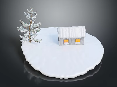 Small Snow Covered House With Windows And Snowy Pine Tree On White Snowy Ground 3d model