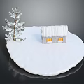 Small Snow Covered House With Windows And Snowy Pine Tree On White Snowy Ground