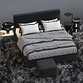 Modern Double Bed with Plaid Bedding Pillows Bedside Tables and Table Lamps 3d model
