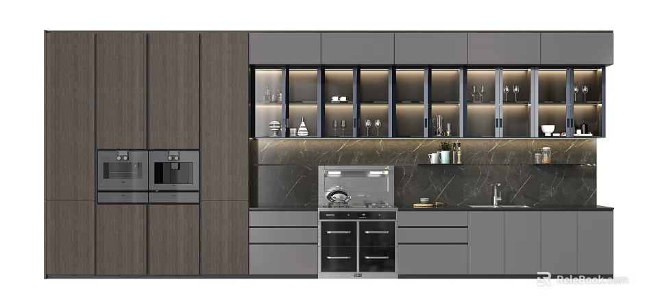 Modern Kitchen Interior With Wooden And Gray Glass Door Cabinets Marble Backsplash And Appliances 3d model 