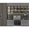 Modern Kitchen Interior With Wooden And Gray Glass Door Cabinets Marble Backsplash And Appliances