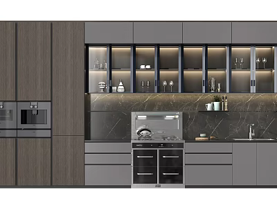 Modern Kitchen Interior With Wooden And Gray Glass Door Cabinets Marble Backsplash And Appliances 3d model