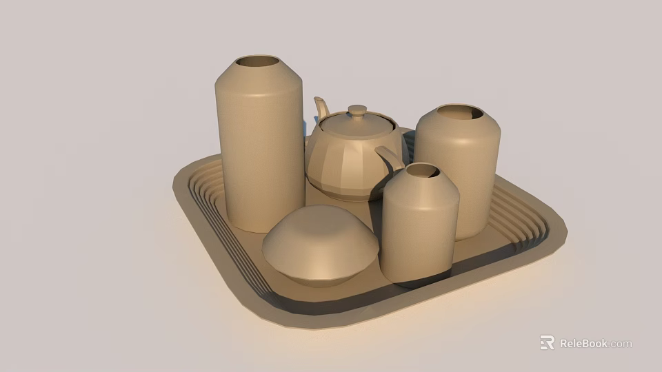 Sleek Beige Tea Set With Teapot Jars And Lid On Simple Decorative Tray For Home 3d model 