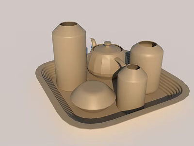 Sleek Beige Tea Set With Teapot Jars And Lid On Simple Decorative Tray For Home 3d model