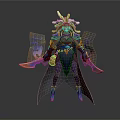 Mythical Female Warrior With Elaborate Headdress Dark Outfit Glowing Blades And Purple Smoke Effects