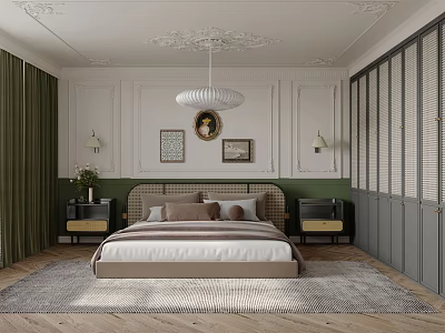 Modern Bedroom Interior Design With Green Walls Beige Headboard Pendant Light Nightstands And Decorative Paintings 3d model