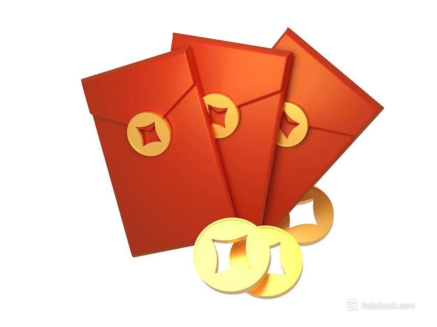 Festive Traditional Decorative Ornament Set with Red Envelopes and Gold Coins 3d model 