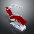Red Upholstered Dental Examination Chair With White Frame And Overhead Light