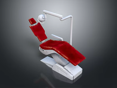 Red Upholstered Dental Examination Chair With White Frame And Overhead Light 3d model