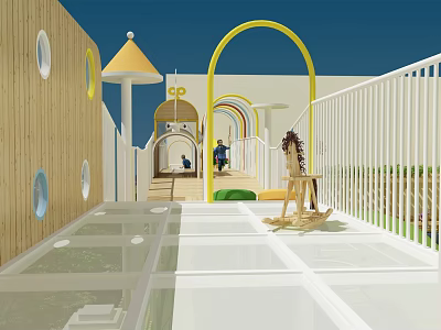 Colorful Children's Playground With Wooden Walls Yellow Arches And Rocking Horse 3d model
