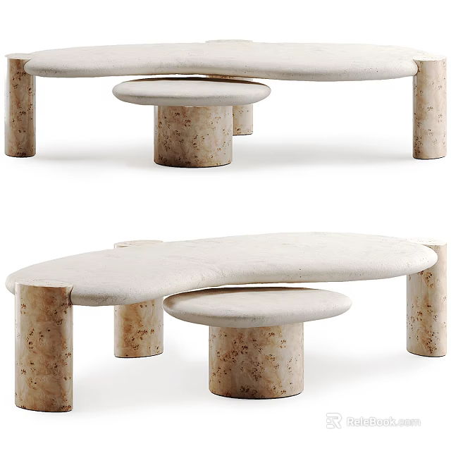 Modern Coffee Table Set With Curved Large And Round Small Travertine Tops And Stone Legs 3d model 