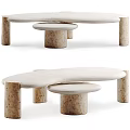 Modern Coffee Table Set With Curved Large And Round Small Travertine Tops And Stone Legs